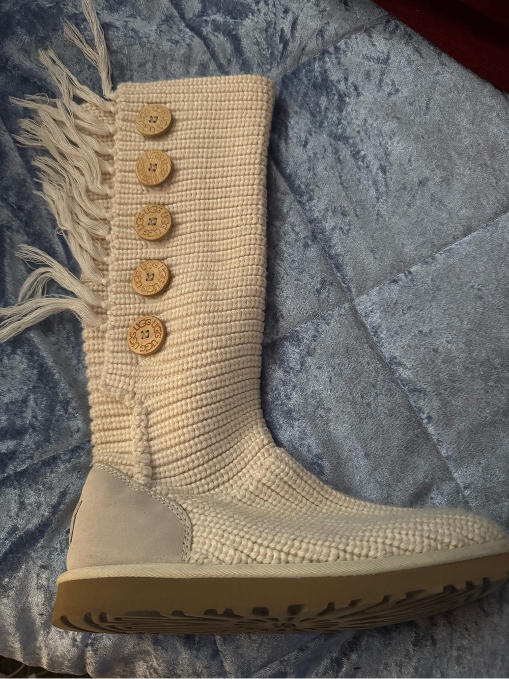 UGG Cream Knit Fringe Button Mid-Calf Heeled Boots